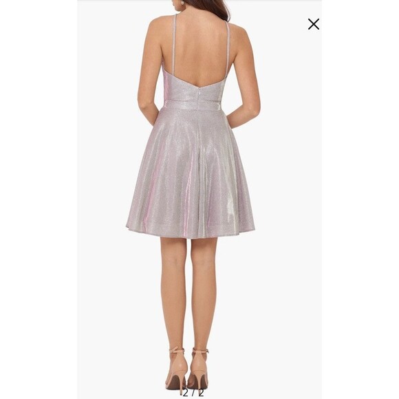 Xscape Halter Neck Metallic Pink Cocktail Dress Prom Formal Sz 8 Open Back - Picture 3 of 12